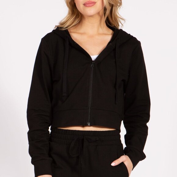 ROSIO USA Tops - Cropped Zip Up French Terry Hoodie Jacket Lightweight New in Black